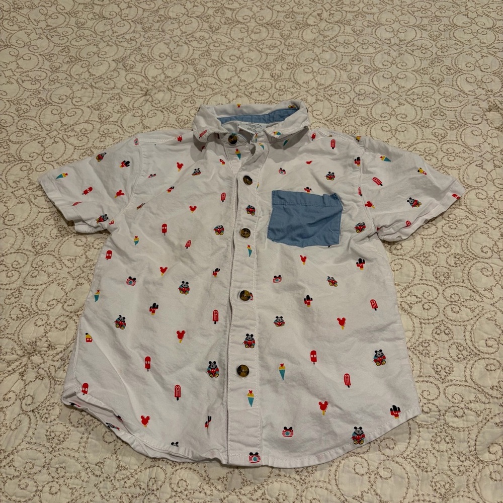 Disney Boys White Button Down Shirt with Blue Pocket and Colorful Mickey Pattern